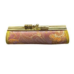 Brocade Kiss Lock Lipstick Case Floral Hard Case Pink Gold with Mirror Inside